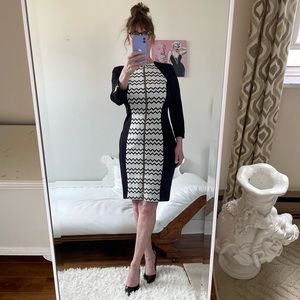 CACHE BLACK CREAM CHEVRON LONG ZIPPER SLEEVE DRESS FRONT DOUBLE END ZIPPER